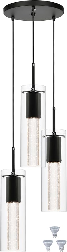 XiNBEi Lighting Pendant Light, Modern 3 Light Cluster Kitchen Island Pendant Lighting with LED Bulb & Bubble Crystal, Matte Black Finish XB-P1110-3-MB