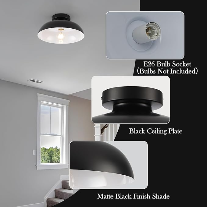 Black Semi Flush Mount Ceiling Lights, Industrial Ceiling Light 12 Inch Close to Ceiling Light Fixtures for Bedroom Entryway Kitchen Hallway Porch Foyer Bathroom Laundry Barn