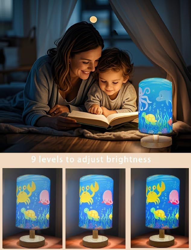 Ocean Lamp, Ocean Lamps for Bedrooms, 3 Level Dimmable Wood Nightstand Desk Base Flaxen Fabric Shade for Bedroom Living Room, Gifts for Sea Lovers