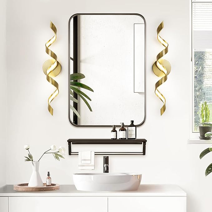 LED Modern Bathroom Vanity Light Fixtures, 24 inch Gold Wall Lamp Bedroom 4000K, Spiral Design Wall Sconce for Mirror, Living Room, Bedroom, Hallway 15W