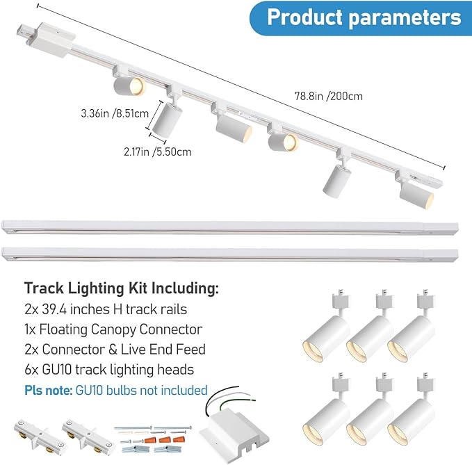 6 Lights LED Track Lighting Kit with 6.6FT H Track Lighting Rails & Floating Canopy Connector, GU10 Track Light Kit Modern Kitchen Track Lighting Fixtures Ceiling Spot Light, White - No Bulbs