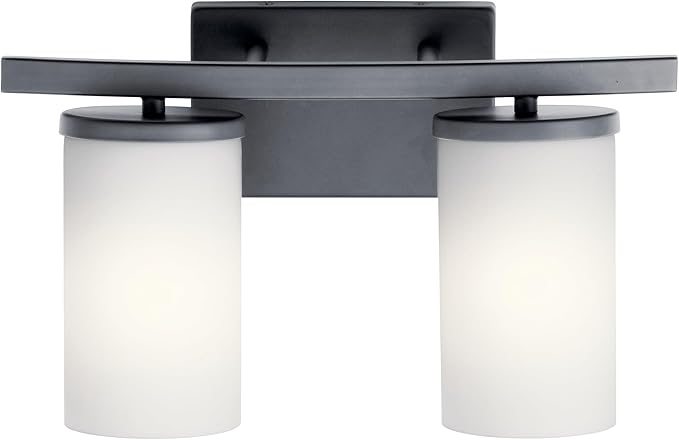 Kichler Crosby 2-Light Bathroom Vanity Light Fixture, Modern Black Wall Mount Lighting with Satin Etched Cased Opal Glass, 15 in x 8.75 in Dimensions, 200W Total, 45496BK