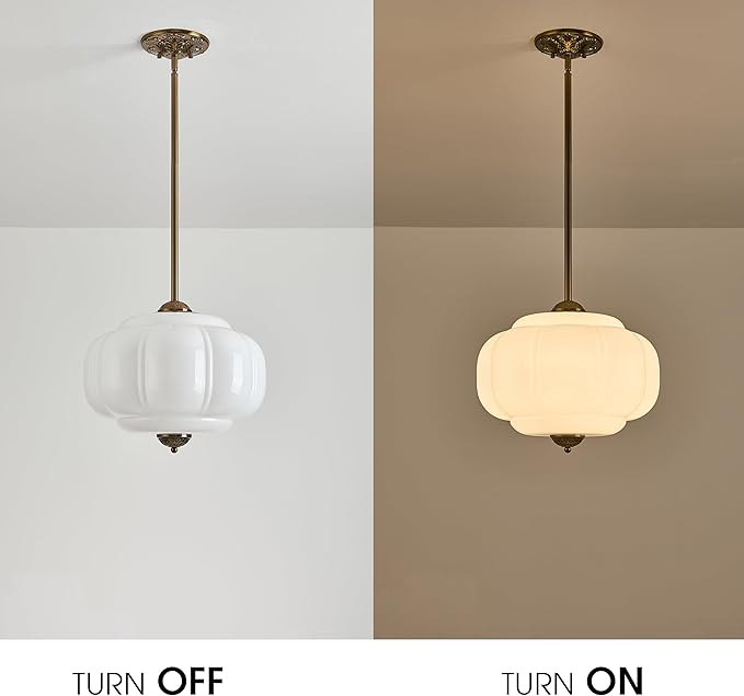 Milk Glass Ceiling Light Fixture, 15" Vintage Semi Flush Mount Pendant Light with Antique Brass Finish, Schoolhouse Light Fixture - Antique Chandelier for Kitchen, Hallway, Dining Room