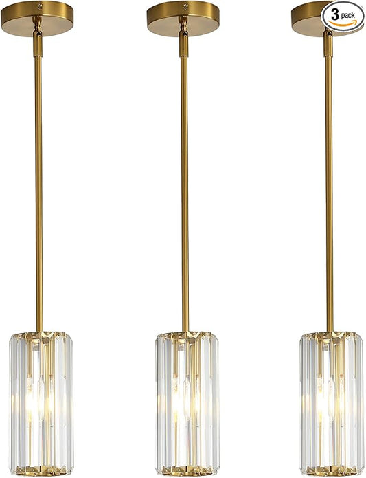 Gold 3-Pack Modern Pendant Lights for Kitchen Island, 1-Light Mini Crystal Chandeliers Set with E26 Base, Small Hanging Luxury Fixtures for Dining Room, Bedroom, Foyer and Hallway