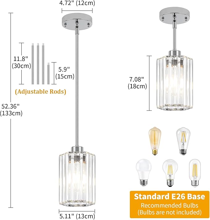 2-Pack Chrome Pendant Lights Kitchen Island Modern Crystal Hanging Pendant Light Hexagonal Mini Chandelier Adjustable Hanging Kitchen Lights for Dining Room Hallway Bedroom Entryway Light Fixture