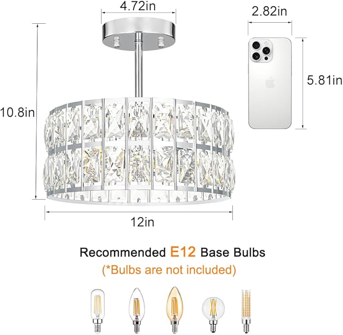 Chrome Crystal Ceiling Light, Modern Semi Flush Mount Ceiling Lighting, Hallway Lighting Fixtures, Small Chandelier Light Fixture for Kitchen Entryway Bedroom Dining Room, 3-Light, 12 Inch