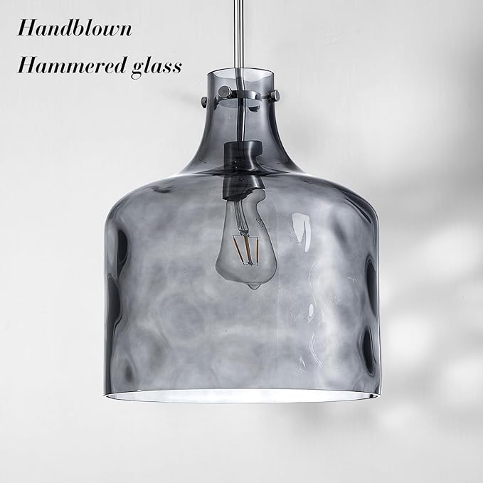 CATINER 16" Extra Large Farmhouse Pendant Light – Hand-Blown Smoked Gray Hammered Glass Shade, Polished Chrome Finish, Adjustable Chain Hanging Light Fixture for Kitchen Island, Dining Room, Hallway