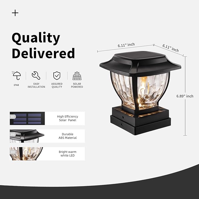 Solar Post Cap Lights Outdoor, Glass Deck Fence Post Cap Light Solar Powered for 4x4 Vinyl/Wooden Posts, Solar Lamp Post Light with 2 Lighting Modes for Patio Garden, Bright Warm White (1 Pack)
