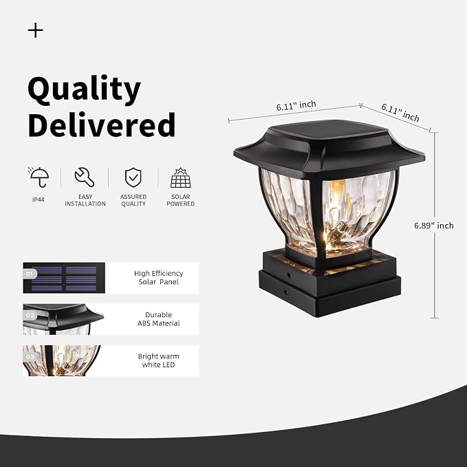 Solar Post Cap Lights Outdoor, Glass Deck Fence Post Cap Light Solar Powered for 4x4 Vinyl/Wooden Posts, Solar Lamp Post Light with 2 Lighting Modes for Patio Garden, Bright Warm White (4 Pack)