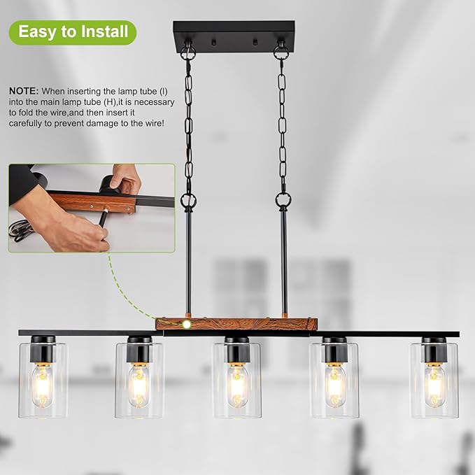WILON Kitchen Island Lighting, 5 Lights Black Linear Chandeliers Modern Farmhouse Chandelier with Glass Shades for Kitchen Island Living Dining Room Foyer Bedroom(Black,5 Lights)