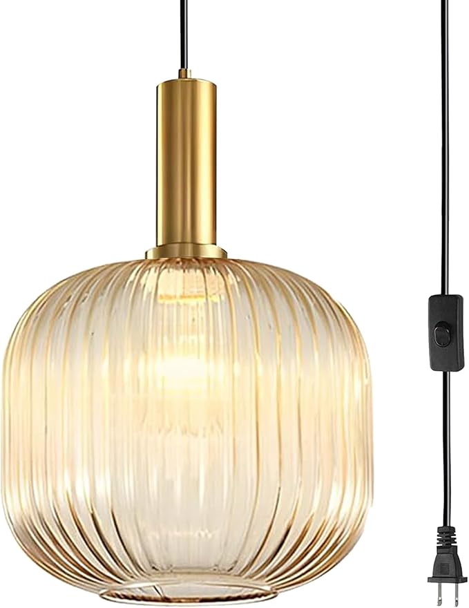 Amber Glass Plug in Pendant Light, 9.8" Mid Century Modern Gold Hanging Light with On/Off Switch, Striped Glass Globe Hanging Swag Lamps for Kitchen Island Dining Room Bedroom Living Room
