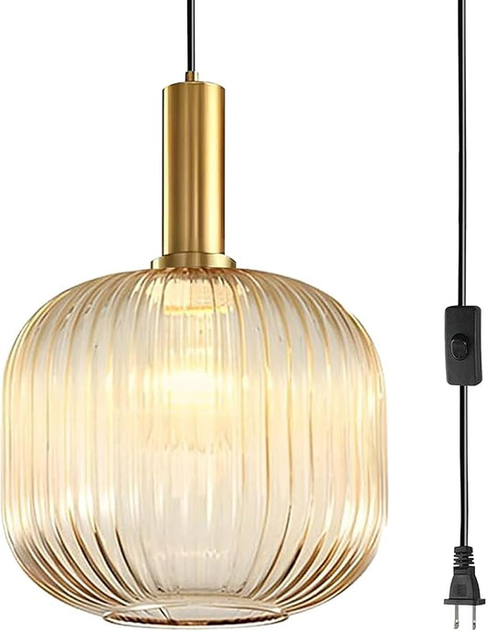 Amber Glass Plug in Pendant Light, 9.8" Mid Century Modern Gold Hanging Light with On/Off Switch, Striped Glass Globe Hanging Swag Lamps for Kitchen Island Dining Room Bedroom Living Room