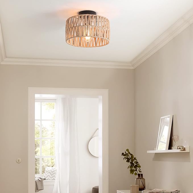 Coastal Woven Flush Mount Ceiling Light Fixture Rustic Industrial Hemp Rope Semi Flush Mount Ceiling Light for Hallway Bedroom Farmhouse Kitchen Entryway Hall, Black
