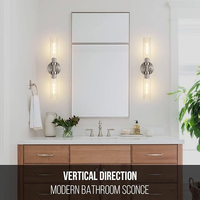 SANTOSTOCK Brushed Nickel 2-Light Bathroom Vanity Light Fixture, Modern Bathroom Sconces Wall Lighting W/Clear Glass Shade, Horizontal and Vertical Wall Mount Lamp for Mirror Hallway Kitchen