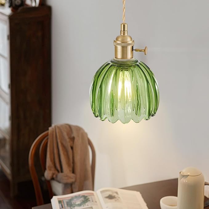 Mini Pendant Lights Kitchen Island, Small Adjustable Pendant Light Fixture with Green Tulip Glass Lampshade, Vintage Gold Pendant Lighting, Pendant Light for Bedroom Dining Room Hallway