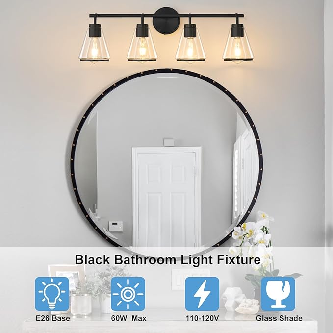 Black Bathroom Light Fixtures 4 Light Bathroom Vanity Lights Over Mirror with Clear Glass Shade, 30 Inch Vanity Lights for Bedroom Modern Wall Sconce Lighting (Exclude E26 Bulb)