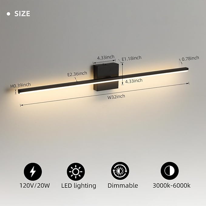 Modern Bathroom Vanity Light 32 Inch, 20W Black Bathroom Light Fixture Over Mirror, Dimmable 5CCT LED Wall Sconce Lighting for Restroom Mirro