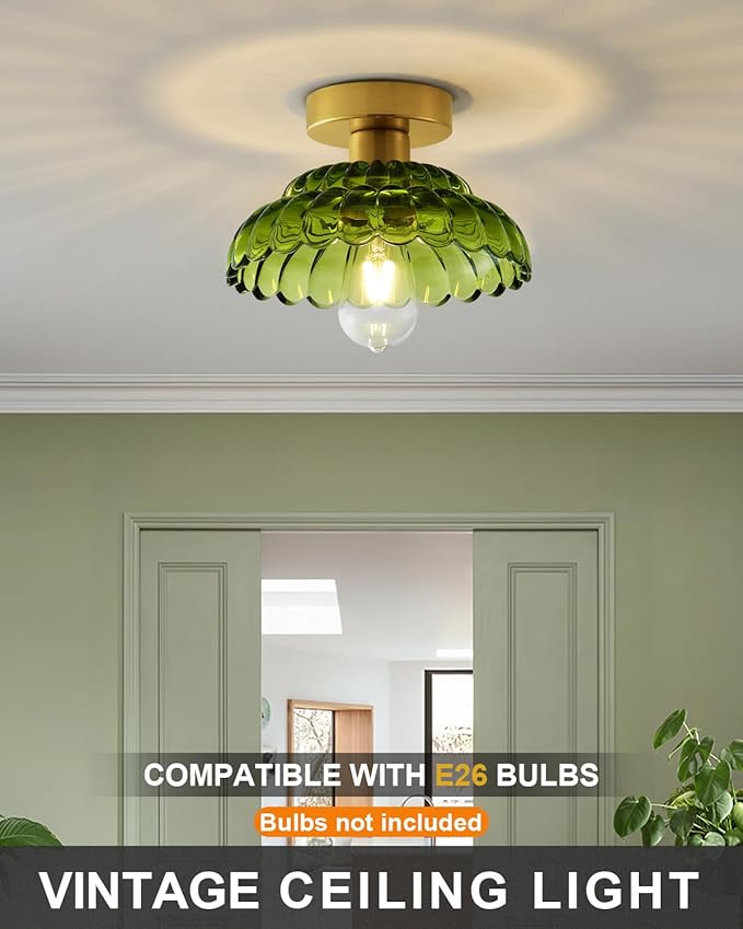 ANYLOVE 10 Inch Green Vintage Glass Semi Flush Mount Ceiling Light, E26 Socket for Bedroom Kitchen Hallway Foyer