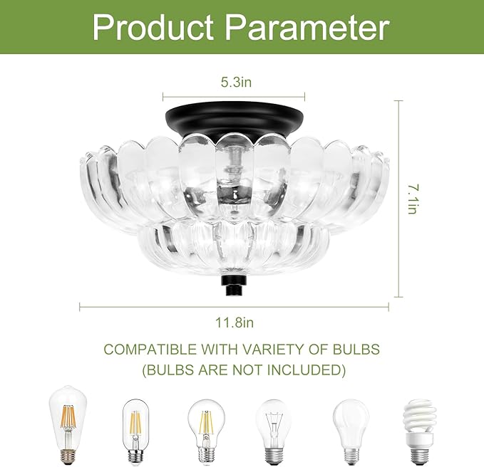 11.8-Inch Black Semi Flush Mount Ceiling Light, Modern 3-Light Clear Glass Chandelier Light Fixture for Bedroom Kitchen Bathroom Hallway Close to Ceiling Light