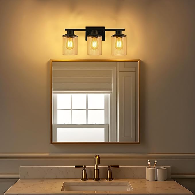 Lightdot Modern Bathroom Light Fixtures, 3 Light Vanity Lights, Black Wall Lamp with Clear Glass for Bathroom, Mirror, Living Room, Bedroom, Hallway, E26 Base-Black