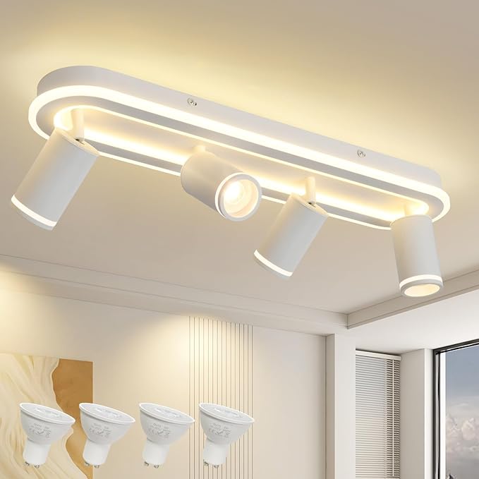 LED 4 Light Track Lighting Spotlight Kit, White Ceiling Spotlights, Modern Track Light Fixture with Flexibly Rotatable Light Heads, 50W+20W Dual Lighting for Kitchen Living Room,Includes 4 x GU10 Bulb