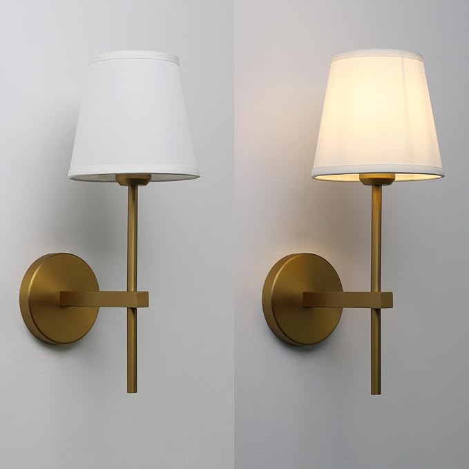 Vintage Wall Sconce White Fabric Shade, E26 Hardwired Bathroom Vanity Light, Indoor 1-Light Wall Mounted Lamp for Living Room Bedside Nightstand Light