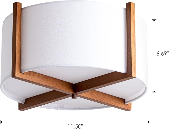 VILUXY Semi-Flush Mount Ceiling Light Fixture with Wood and Off-White Fabric Drum Shade Modern Chandelier for Bedroom, Dining Room, Corridor, Living Room 4-Light