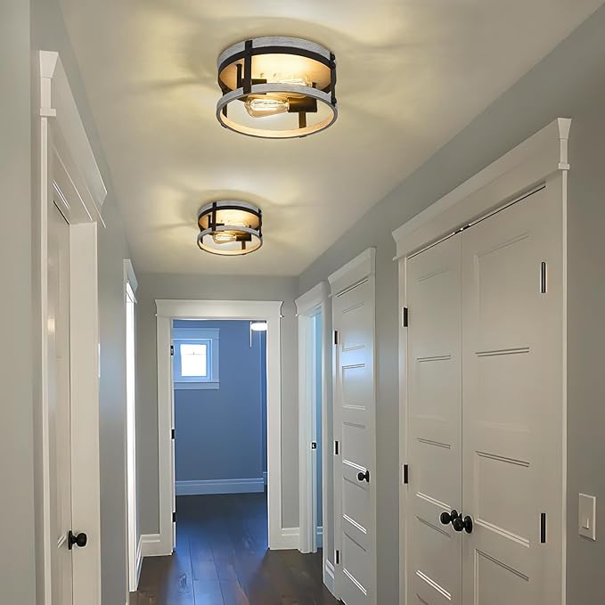 2-Light Farmhouse Ceiling Light, 12 inch Oak White Kitchen Flush Mount Ceiling Light, Round Rustic Light Fixtures with Wood Finish for Hallway Entryway, OS-3016WH