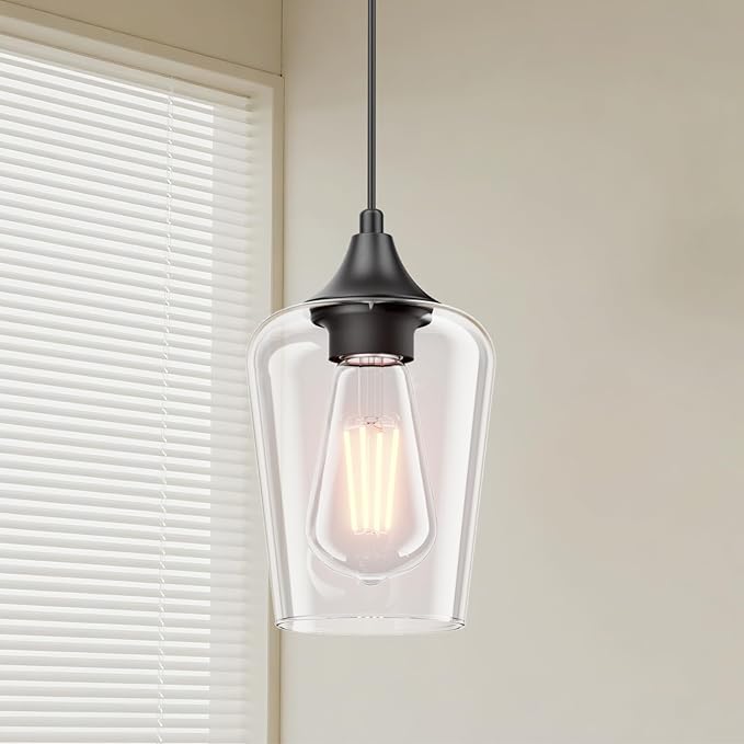 Ralbay Matte Black Industrial Pendant Light 2-Pack, Pendant Light Fixtures with Wine Clear Glass Shade, Adjustable Height for Kitchen Island, Farmhouse Dining Room Hanging Lighting Fixture