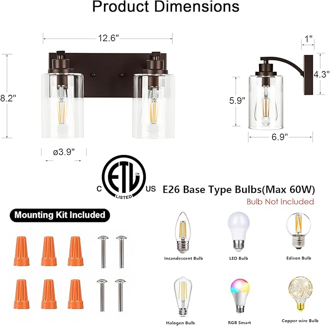 2-Light Bathroom Light Fixtures Modern ORB Vanity Lights for Bathroom Lighting Fixtures Over Mirror with Clear Glass Shade for Cabinet Mirror Bedroom Hallway