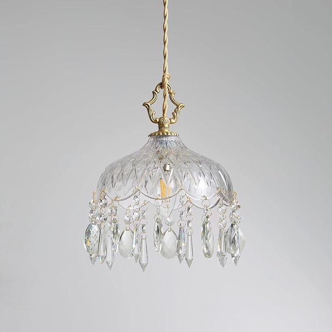 Vintage Small Crystal Pendant Light - Brass Gold Clear Glass Mini Adjustable Hanging Kitchen Island Chandelier - Unique Flower Art Deco for Bathroom Bar Bedroom Dining Room Hallway Closet Sink Over