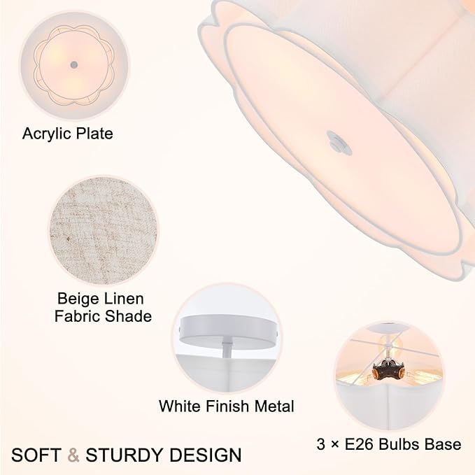 Semi Flush Mount Ceiling Light, White Linen Fabric Shade Ceiling Light, Modern Farmhouse Close to Ceiling Light for Bedroom, Hallway, Living Room, Dining Room, Laundry Room