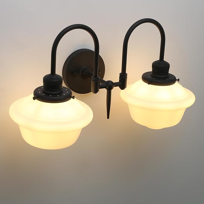 Pathson Vintage Milk White Wall Sconces, 2-Lights Hardwired Glass Bathroom Vanity Light Double Metal Curved Arms, Wall Painting Sconce Lamps Decor for Mirror, Living Room, Loft, Stairwell, Foyer