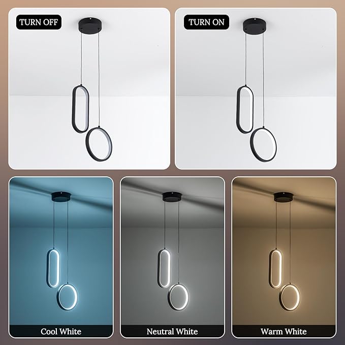 Black Modern Mini LED Pendant Light with Remote Control, 2 Ring 24W 3-Color Temp Stepless Dimmable Ceiling Hanging Light for Bedroom Kitchen Island Dining Room Foyer Entryway
