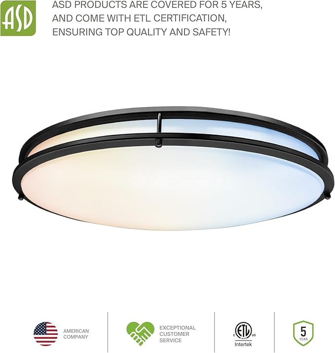 ASD LED 24" Oval Flush Mount Lighting, Close to Ceiling Light Fixture | 5CCT, Dimmable, ETL Listed | 38W 3289LM 2700-5000K 120V | Low Profile Double Ring Lamp | Black