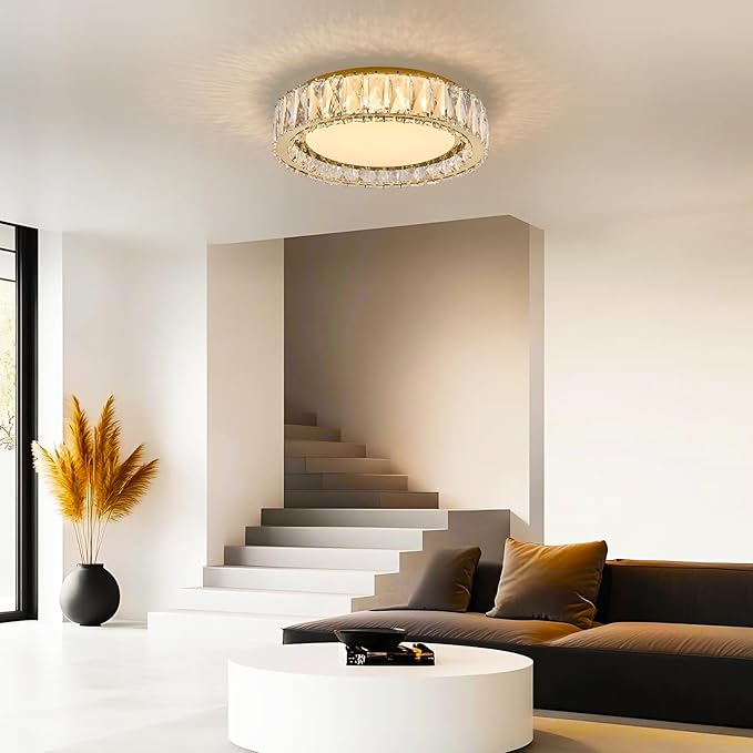 Crystal Dimmable Flush Mount Ceiling Light, Gold Modern LED Close to Ceiling Light Fixture with 5CCT 2700K-6000K, Round Kitchen Lighting for Bedroom Laundry Room, Hallway, Living room (15in 36W)