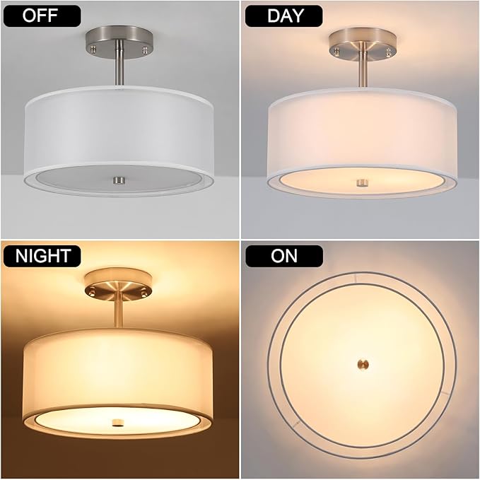 Luupyia 3-Light Fabric Drum Ceiling Lighting with Double Fabric Shade, 12.59 Inches Simple Modern Semi Flush Mount Ceiling Pendant Light Fixture Modern Chandelier for Bedroom, Hallway, Foyer E26 60W