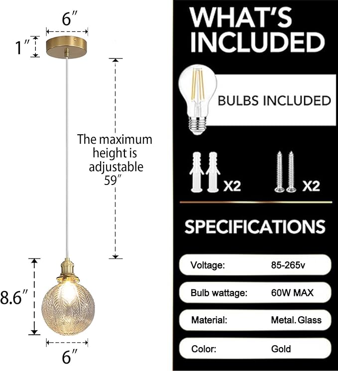 Gold Pendant Lights Kitchen Island with Clear Glass, Vintage 1 Light Gold Glass Globe Pendant Light for Dining Room, Bedroom, Hallway, Farmhouse