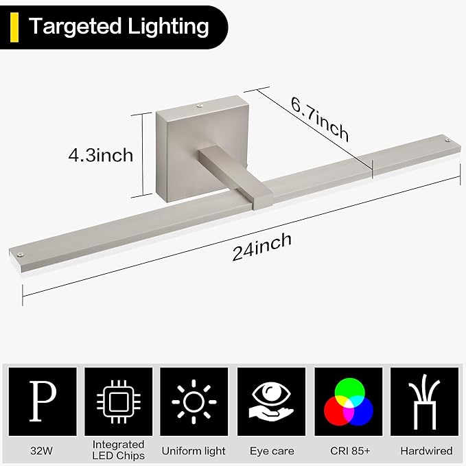 ZUZITO 24 Inch Vanity Lights for Bathroom Brushed Nickel Over Cabinet Arm Wide LED Bar 18W 1440lm 6000K