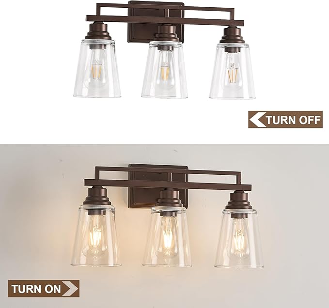 Refice Bathroom Vanity Lights, Bathroom Light Fixtures Over Mirror, Oil Rubbed Bronze 3-Light Wall Lamps Vintage with Clear Glass Shades for Mirror, Living Room, Farmhouse, Hallway