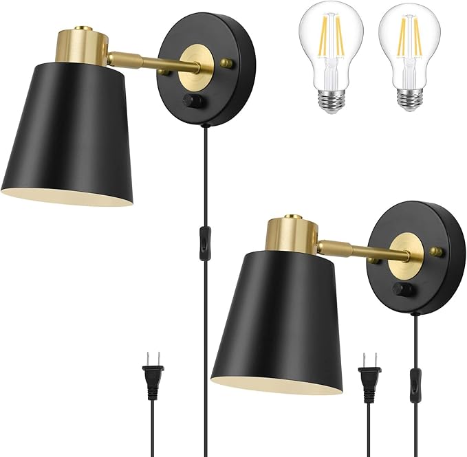VATONI Wall Sconce Plug in, Dimmable Wall Sconces Adjustable Wall Lights with Plug in Cord and Dimmer On/Off Rotary Switch, Wall Mounted Light for Bedside Bedroom LivingRoom(2 Bulbs Included)