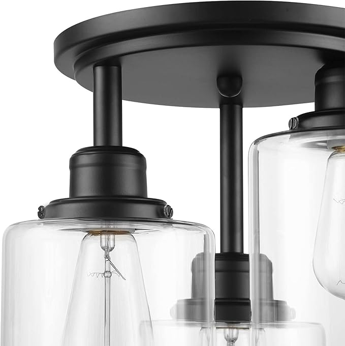 Globe Electric 65456 3-Light Flush Mount Ceiling Light, Industrial Tiered Matte Black Fixture, E26 Base, Dimmable