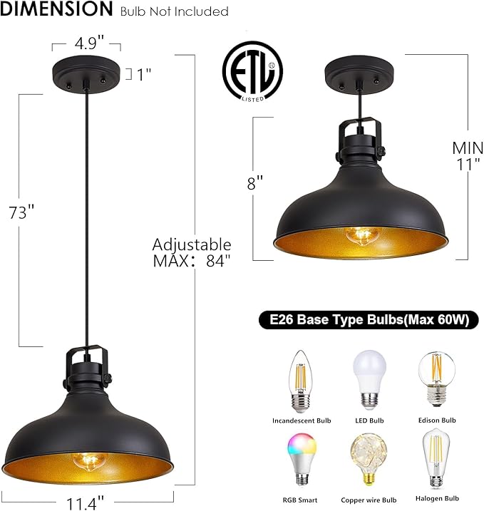 Black Farmhouse Pendant Lights Matte Pendant Lighting for Kitchen Island Industrial Adjustable Height Vintage Dome Hanging Light Fixtures for Barn, Dining Room 3 Packs