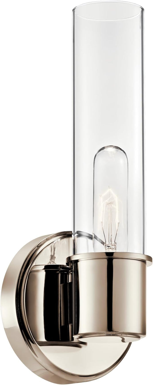 Kichler Aviv 1-Light Wall Sconce, Modern Light with Clear Glass in Polished Nickel, for Bedroom, Laundry Room, Kitchen or Hallway (13" x 5.5"), 52653PN