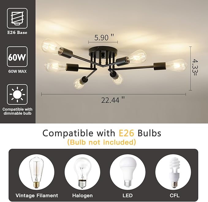 ASGYISA 6-Lights Semi Flush Mount Ceiling Light Fixture Modern Metal Black Sputnik Chandeliers with E26 Bulb Base Close to Ceiling Light for Kitchen Dining Room Living Room Hallway Bedroom