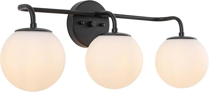 JONATHAN Y 25" Black Modern Globe Wall Sconce Vanity Light for Bathroom, White Frosted Glass Shade, Midcentury Parisian Bistro Wall Lamp, LED Bulb Included (JYL3536B)