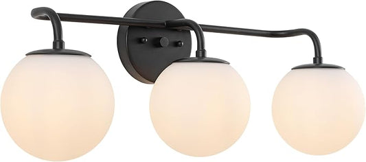 JONATHAN Y 25" Black Modern Globe Wall Sconce Vanity Light for Bathroom, White Frosted Glass Shade, Midcentury Parisian Bistro Wall Lamp, LED Bulb Included (JYL3536B)