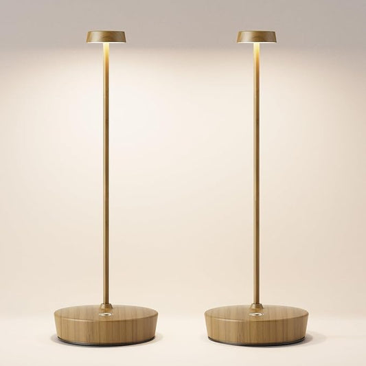Cordless LED Table Lamp，Rechargeable Battery Desk Lamps, 3 Color Stepless Dimmable Metal Battery Table Lamps, Portable Waterproof Table Light for Indoor/Outdoor/Restaurant (2Pack Wood Grain)