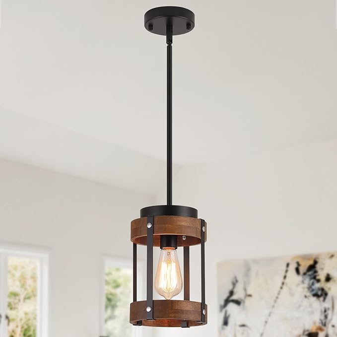 Rustic Farmhouse Wood Pendant Light Fixture One-Light Adjustable Rods Oak Wood and Metal Lantern Drum Small Pendant Lighting for Kitchen Island Sink Hallway Bathroom Bar Farmhouse, Black