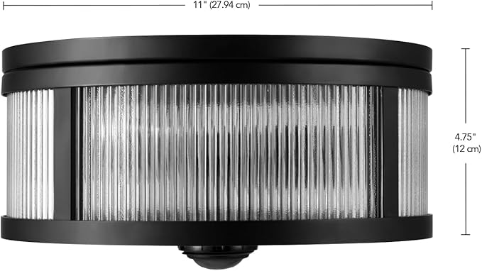 GLOBE Electric 60000123 2-Light Motion Activated Outdoor Flush Mount Ceiling Light, Matte Black, Ribbed Glass Shade, Frosted Lens, 360-Degree Detection, 25ft Range, Weather Resistant, Kitchen Décor